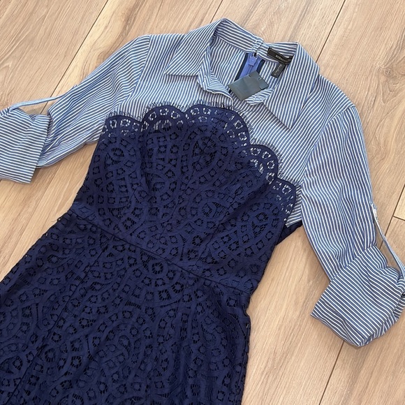 New BCBGMaxAzria Kaylin Striped Shirt Lace Bodice Dress - Picture 4 of 12